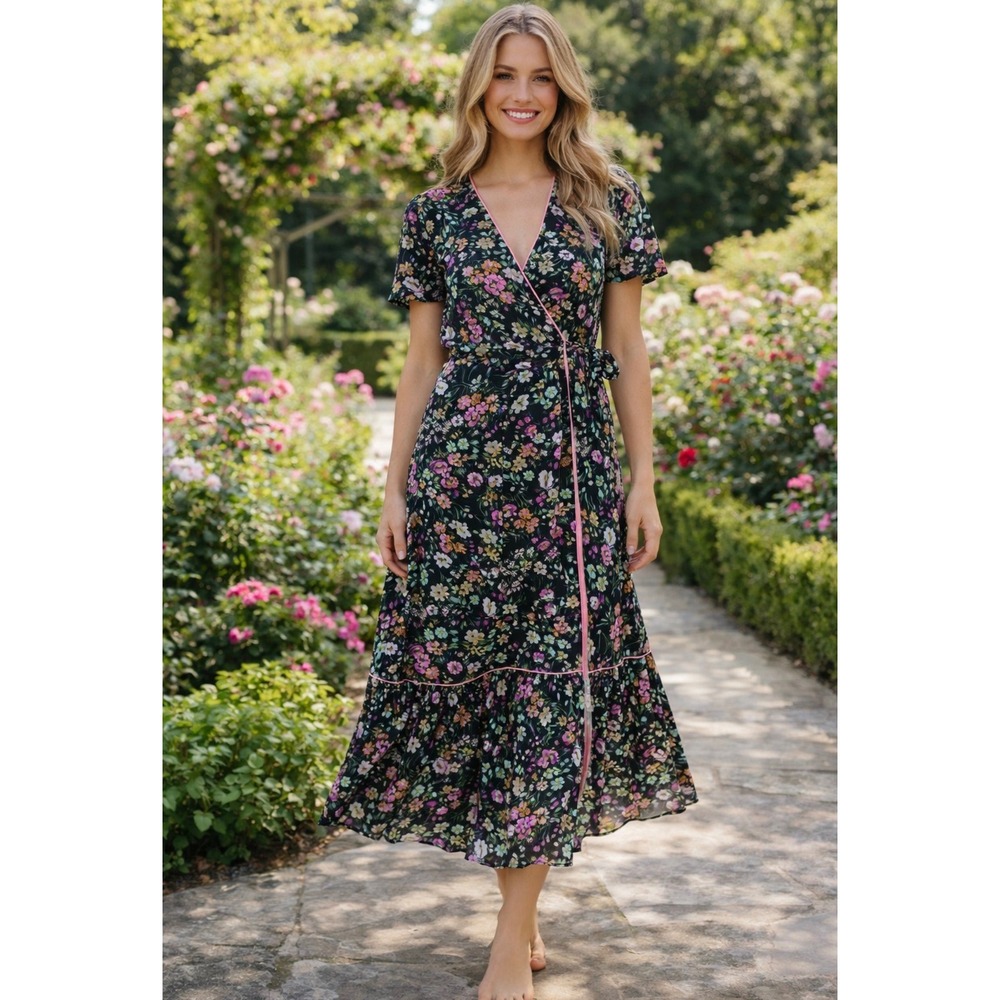 La Roque 100% Silk Black Wrap Midi Dress S Multi Floral Print & Pink Trim NEW!